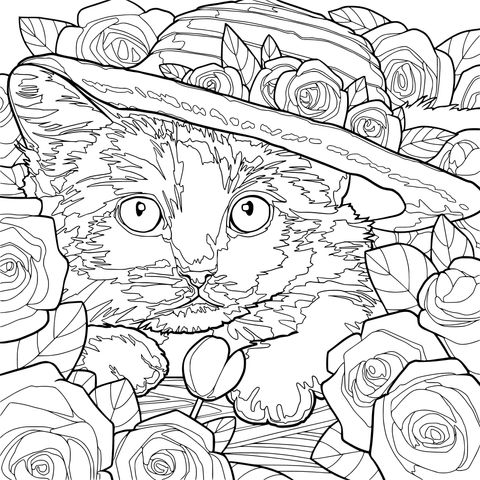 Um adorável gatinho com um chapéu de palha e rosas