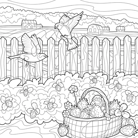 Birds in Flight and Strawberries in a Rural Scene