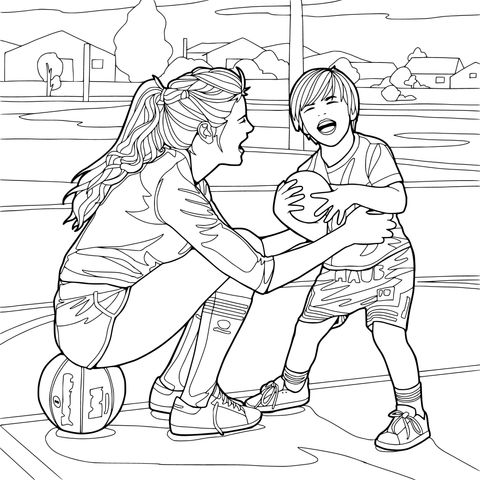 Woman teaching a little boy to play basketball