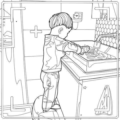 小孩在洗手池洗手