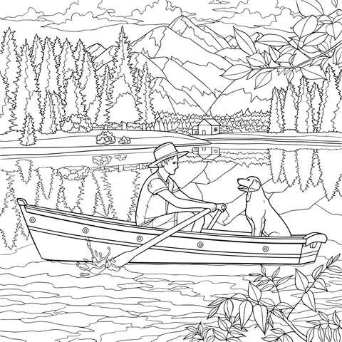 Man and dog rowing on the lake