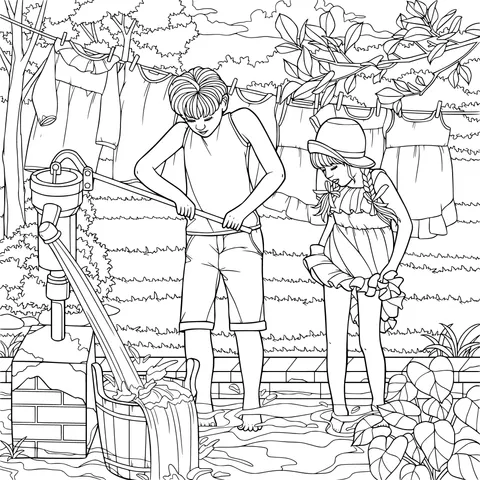 Happy moments by the outdoor well - water