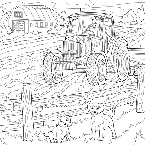 Tractor and Puppies on the Farm