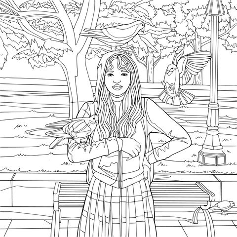 公园里与鸽子互动的女孩