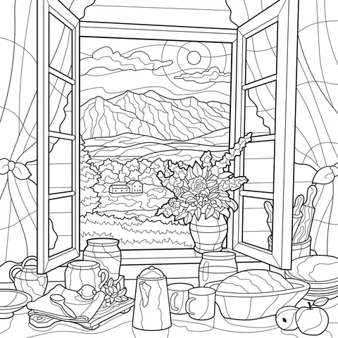 Rural scenery and kitchen view by the window