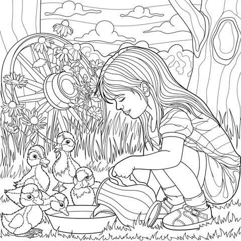 Girl pouring water for ducklings