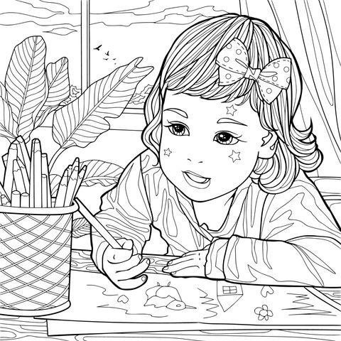 小女孩开心画画
