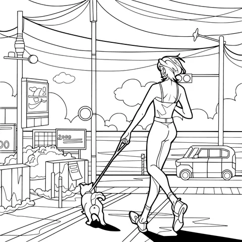 Woman walking a dog on a seaside street