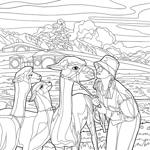 A person interacting affectionately with alpacas