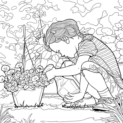 Girl watering flowers in the garden