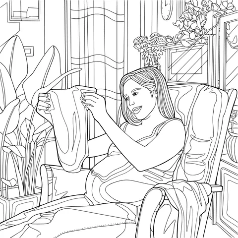 Pregnant woman sewing clothes while sitting on a chair