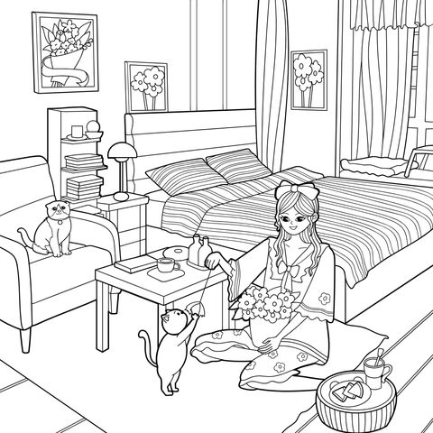 Garota passando tempo com gatos em um quarto aconchegante