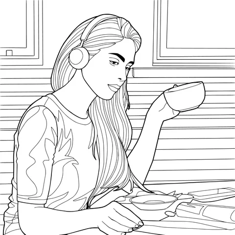 Woman drinking tea with headphones on