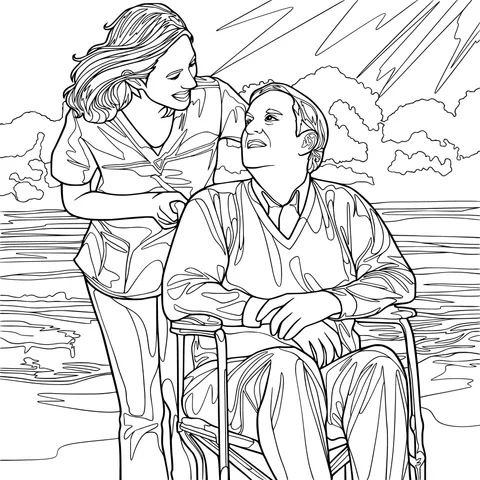 Nurse and Elderly Person by the Seaside