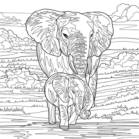 Mother - child elephants on the grassland