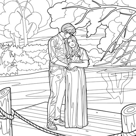 Los enamorados abrazados junto al lago