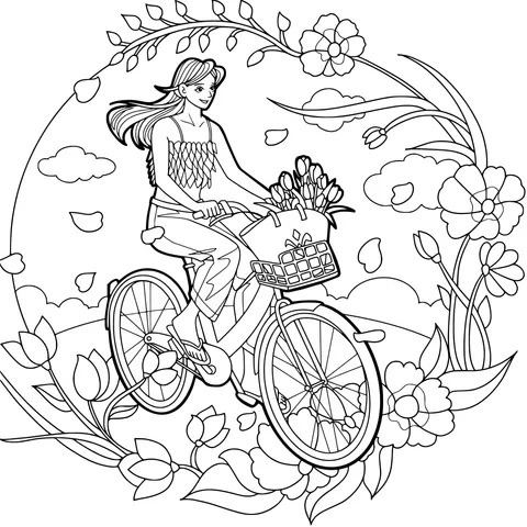 Woman cycling among flowers