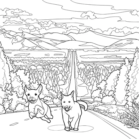 Two dogs running on the road