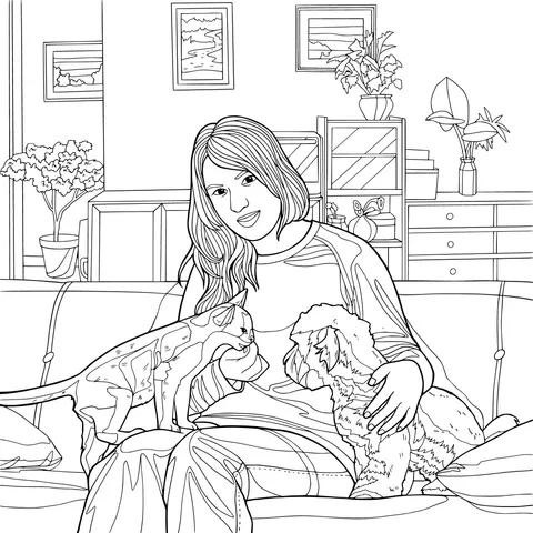 Woman Cozily Accompanied by Cat and Dog