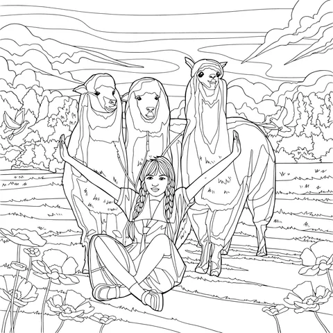 A Girl's Happy Time with Alpacas on the Grassland
