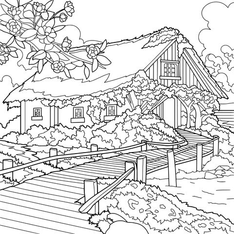 繁花环绕的河畔小屋