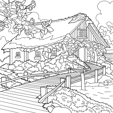 A Cottage by the Riverside Surrounded by Flowers