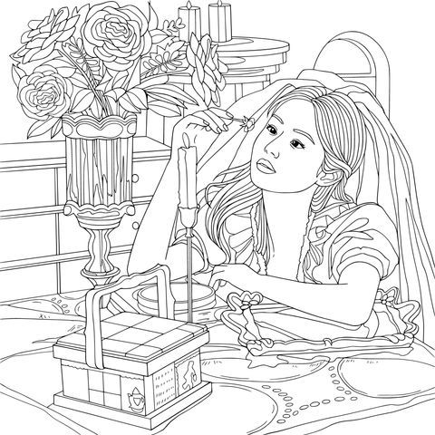 Mulher Pensativa com Flores e Luz de Vela