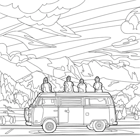 Four people overlook the mountain scenery on the roof of a camper - van