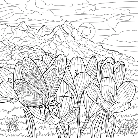 Butterfly in Flower Cluster and Mountain Sunset