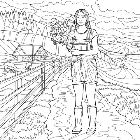 Flower - holding girl in the countryside