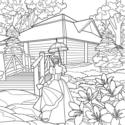 Lady in a blue dress strolling with an umbrella