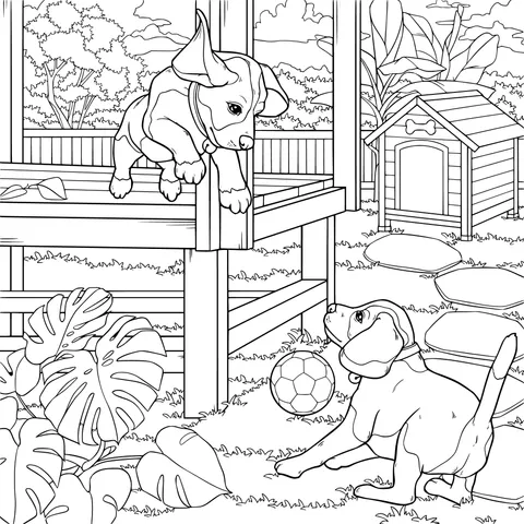 Two puppies playing in the yard