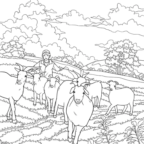 A shepherd herding goats on the pasture