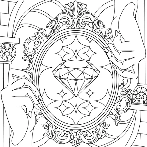Hands holding a diamond in an ornate frame