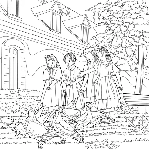 Girls feeding pigeons outdoors