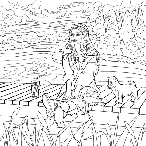 Girl and Shiba Inu by the Lake