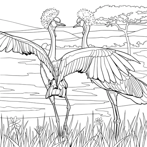 Two birds dancing on the grass