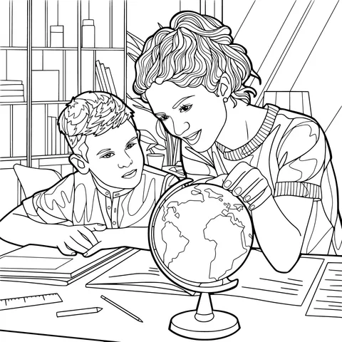 Mother and child studying geography together