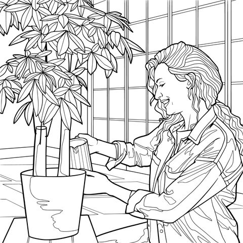 女士照料盆栽