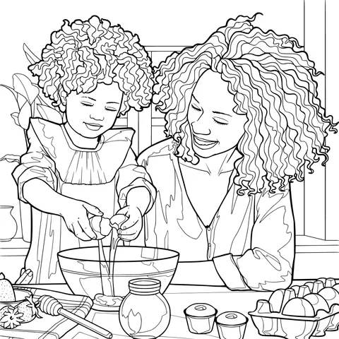 Mother and daughter baking happily together
