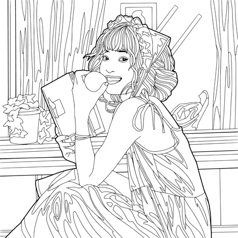 A woman leisurely eating fruit and reading by the window