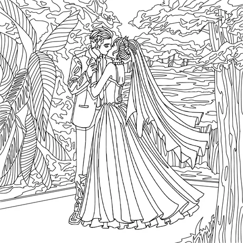 Newly - weds embracing outdoors