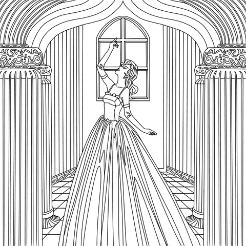 A lady in a red dress in a magnificent room
