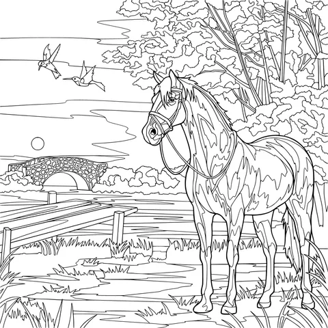 Horse by the Riverside with Birds