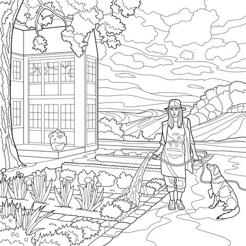 Woman watering flowers in the garden with a dog