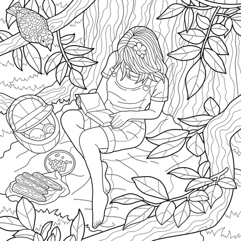A girl reading comfortably in the forest