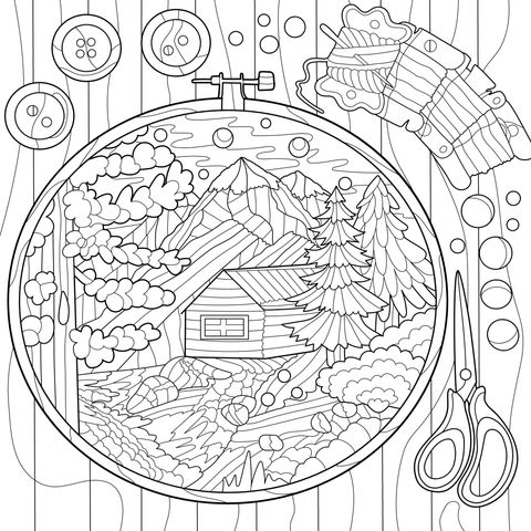 刺绣中的山间小屋美景