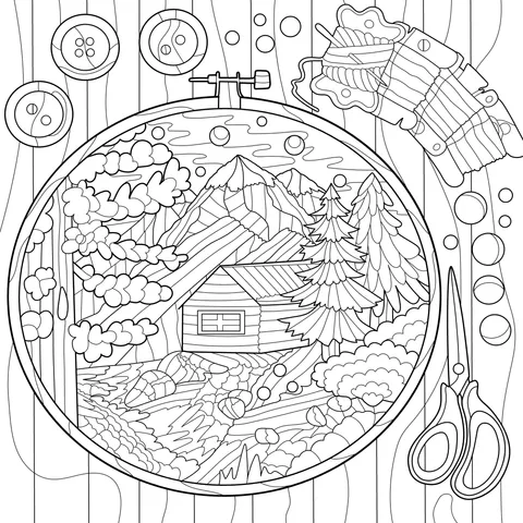 Beautiful Mountain Cabin Scene in Embroidery