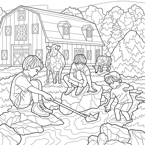 Children playing by the stream beside the farm