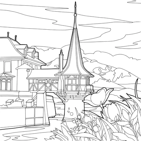 Beautiful Scenery of Fairy - tale Style Buildings by the River